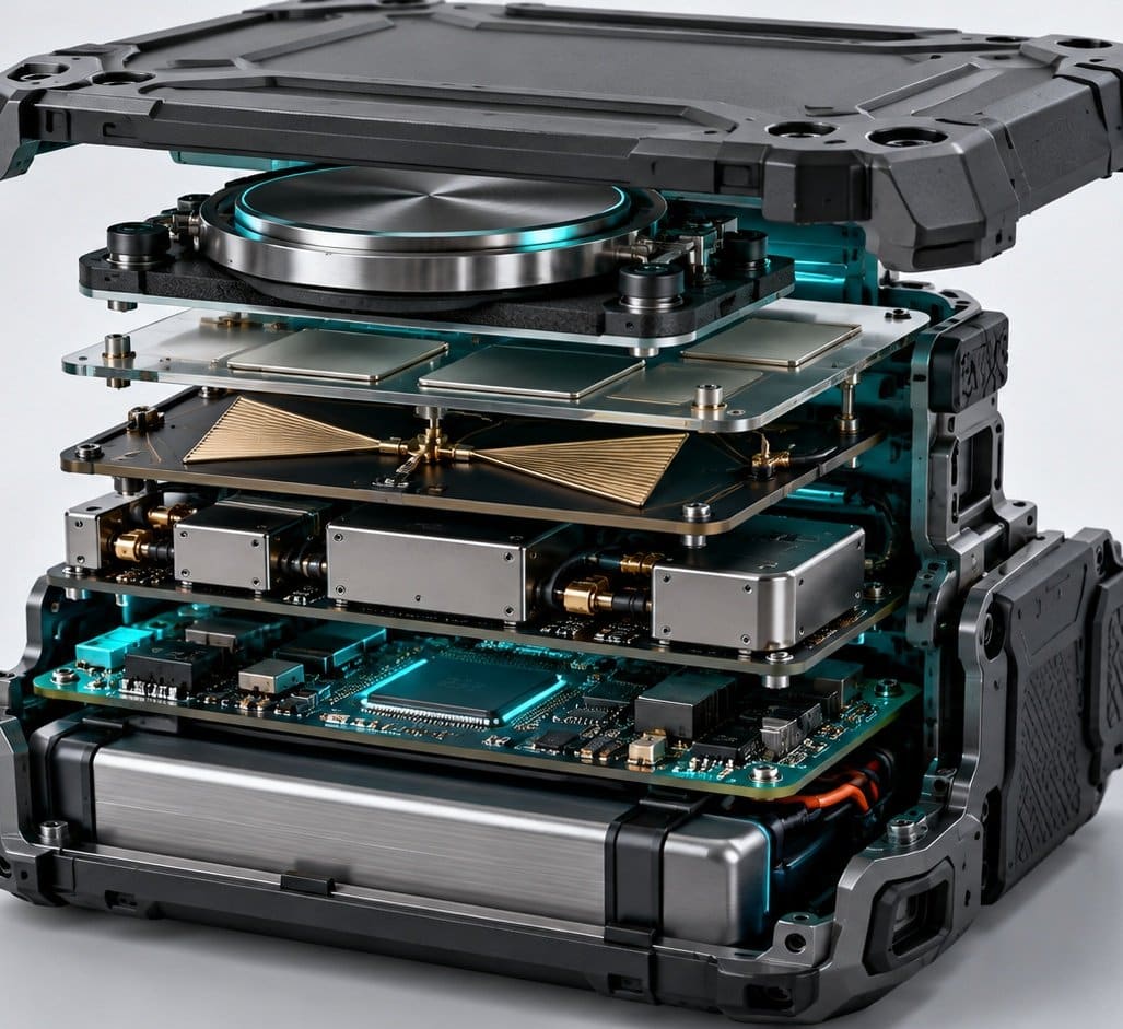 Exploded view of the ruggedized passive ISR payload: transducer disc, antenna plates, sensor boards, edge AI board and battery