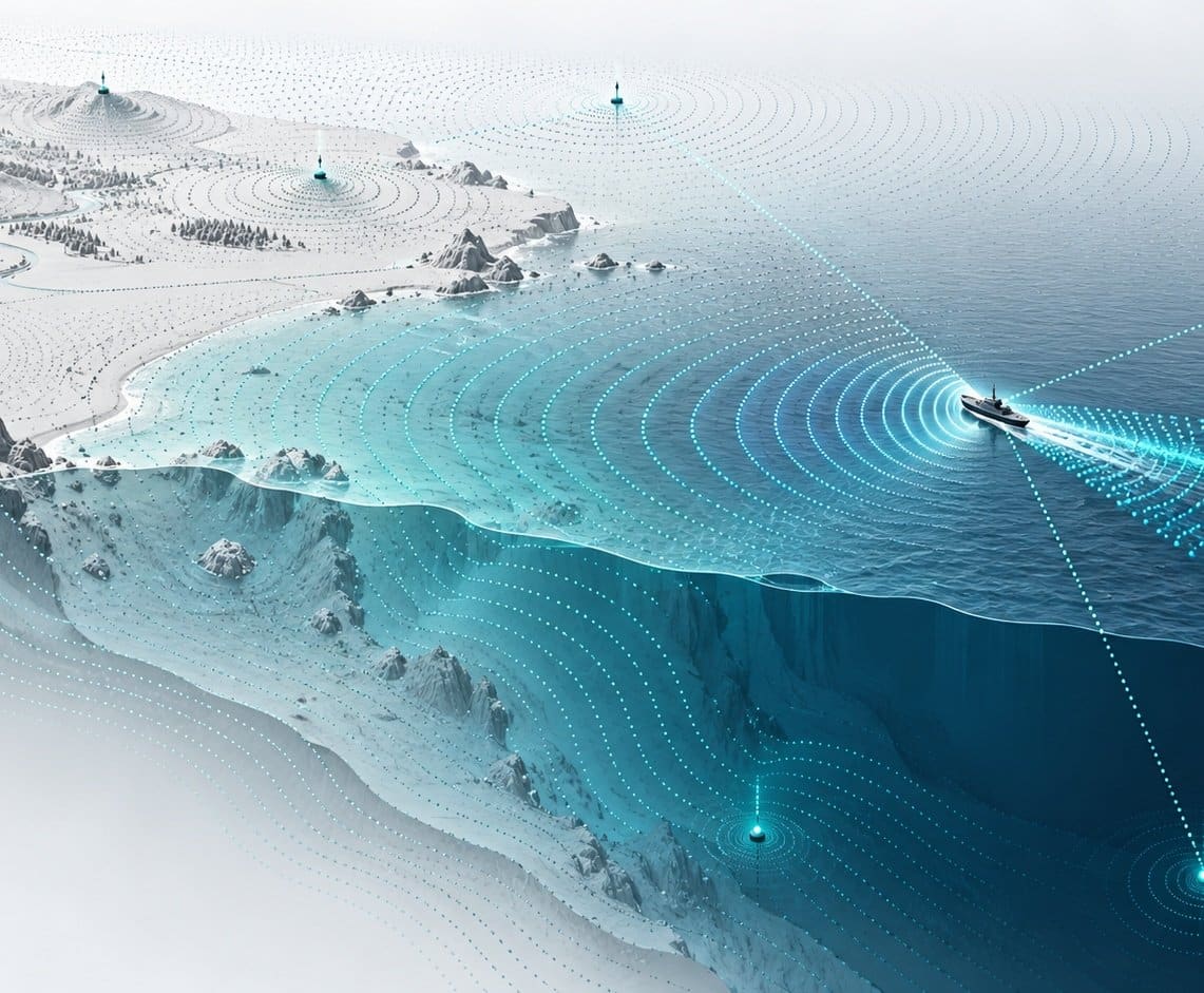 Coastline rendered as a terrain model with acoustic rings spreading from a vessel through the ambient field