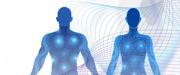 Diagram of mechanical wave fields propagating through the human body and reaching the skin surface