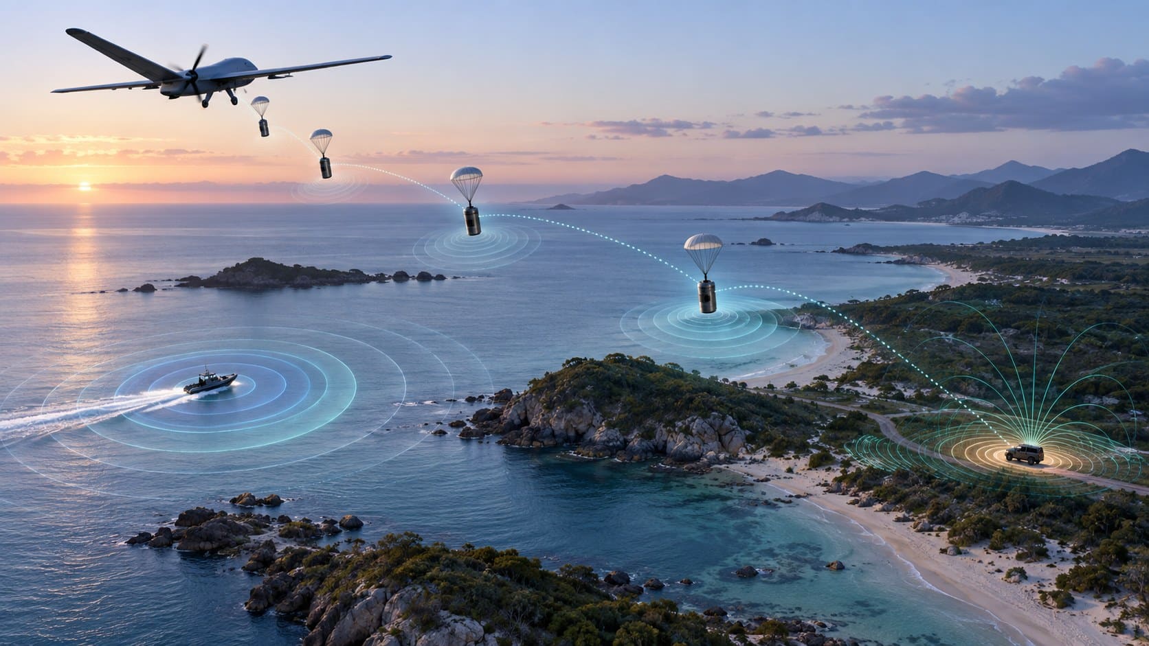 Coastal operating area at dusk: a drone deploys passive sensor nodes while rings show disturbances spreading through the ambient field